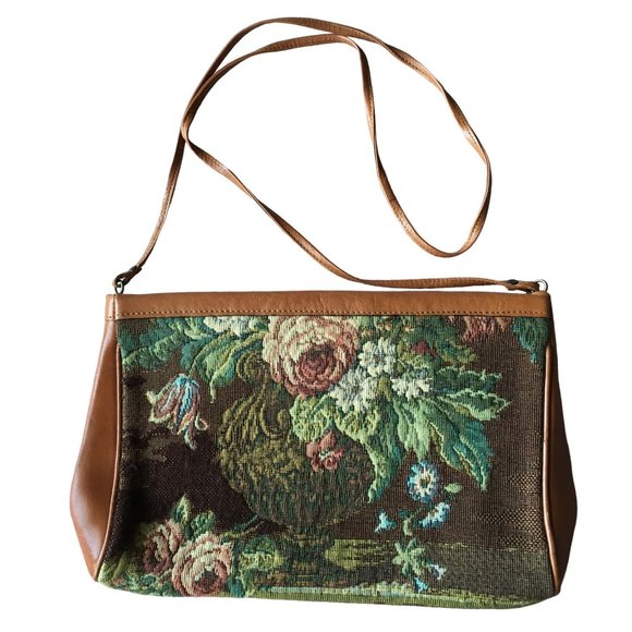 Vintage Andre Cellini Floral Tapestry Leather Shoulder Bag Hinged Opening ITALY - Picture 2 of 6
